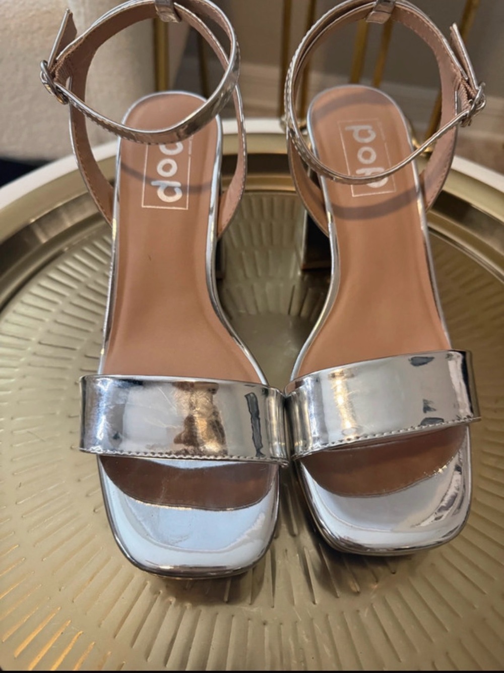 POP Silver Ankle-Strap Block Heel Sandals
